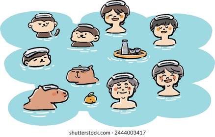 Illustration set of people and animals bathing