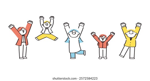 An illustration set of people celebrating with raised hands in joy!