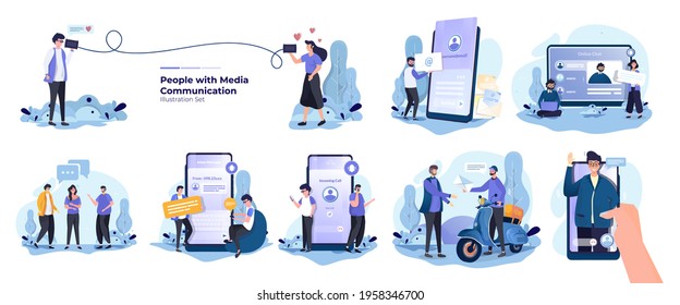 Illustration set of people and communication media concept