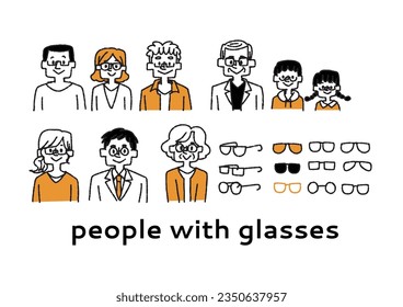 Illustration set of people of different ages wearing glasses