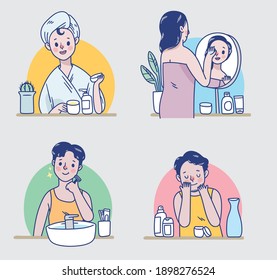 Illustration set of people doing their daily skin care routine. young millennial male and female do skin moisturising. flat vector illustration. 2d cartoon doodles.