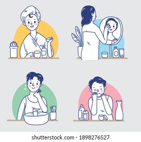 Illustration set of people doing their daily skin care routine. young millennial male and female do skin moisturising. flat vector illustration. 2d cartoon doodles.