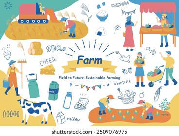 An illustration set of people engaged in farming