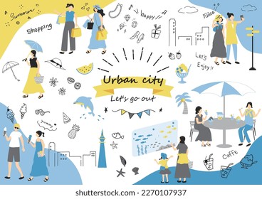 Illustration set of people enjoying tourism in the city center