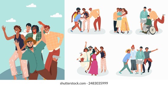 Illustration with a set of people, guys, girls, happily celebrating, waving and bouncing. Youth day, friendship day, hug day. Vector hand drawn illustration.