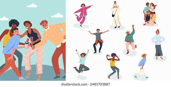 Illustration with a set of people, guys, girls, happily celebrating, waving and bouncing. Youth day, friendship day, hug day. Vector hand drawn illustration.