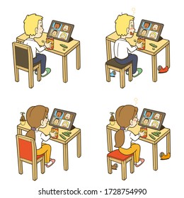 Ilustración de personas tomando una fiesta con amigos usando una tableta. Ilustración vectorial sobre fondo blanco.