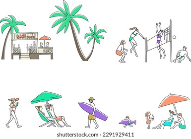 Illustration set of people having fun on the beach in summer