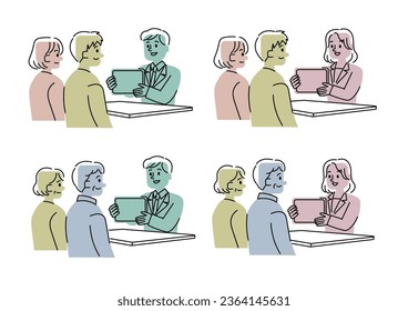 Illustration set of people listening to explanations at the reception desk