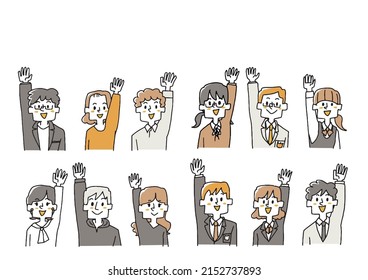 Illustration set of people raising their hands Comical handwritten people Vector, line drawing and color
