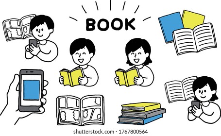 Illustration set of people reading books and e-books