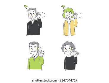 Illustration set of people related to hearing aids Comical handwritten people Vector, line drawing and color