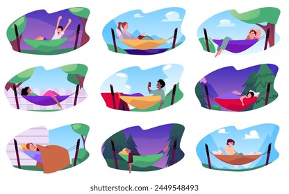 Illustration of a set of people relaxing in hammocks. Isolated stickers of characters in hammocks against the background of various places. Leisure and recreation concept.