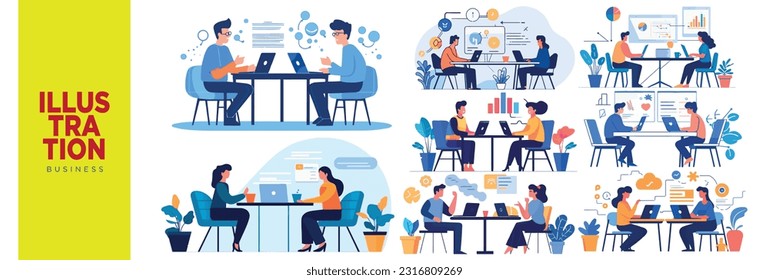 Illustration set of people talking at a table about business, investment, work