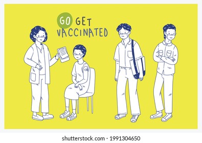 Illustration set of People vaccination for covid-19 immunity. young millennial male and female get an injection of corona virus vaccine. flat vector illustration. 2d cartoon doodles.