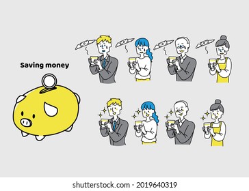 Illustration set of people of various ages regarding savings