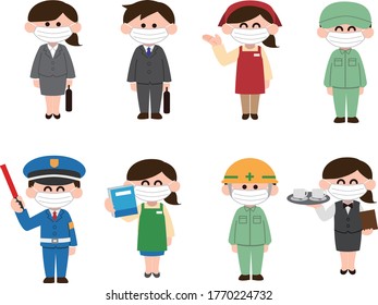 Illustration von Menschen in verschiedenen Berufen mit Masken