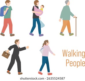 Illustration set of people walking of various ages.