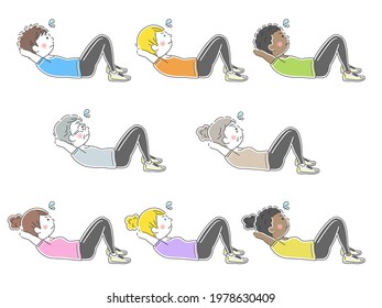 Illustration set of people who do sit-ups for muscle training.