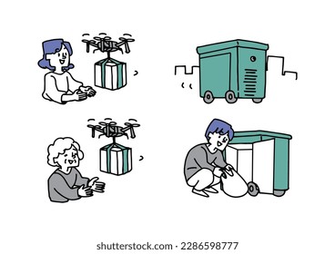  Illustration set of people who receive packages with new delivery methods
