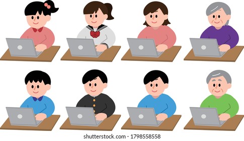 Illustration set of people working on a computer