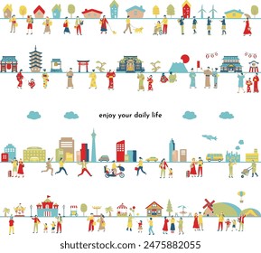 An illustration set of people's daily life