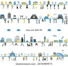 An illustration set of people's daily life