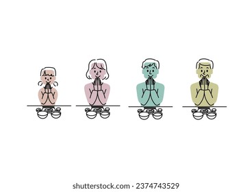 Illustrationssatz einer Person, die kurz vor Beginn einer Mahlzeit steht