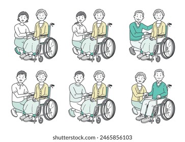 Illustration set of a person assisting an elderly person in a wheelchair