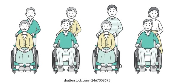 Illustration set of a person assisting an elderly person in a wheelchair