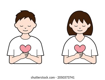 Illustration set of a person with a heart, mental health (white background, vector, cut out)