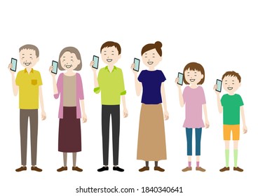 Illustration set of a person smiling while talking on a smartphone (three generation family)