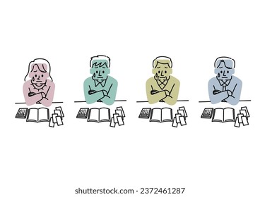 Illustration set of a person thinking while looking at a ledger