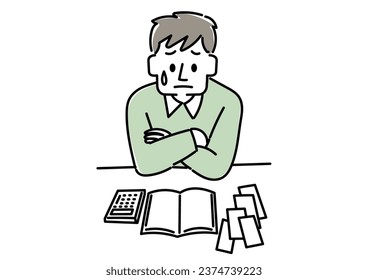 Illustration set of a person thinking while looking at a ledger (casual man)