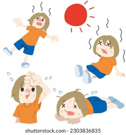 Illustration set of person who looks bad with sweat, image of heat stroke and summer heat.
