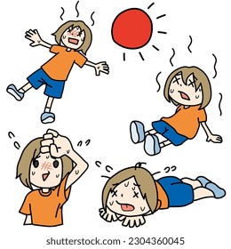 Illustration set of person who looks bad with sweat, image of heat stroke and summer heat.