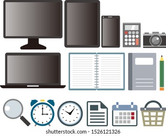 Illustration set of personal computer and stationery.Magnifying glass, pencil, note