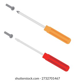 Illustration set of a Phillips screwdriver, a flathead screwdriver, and bolts
