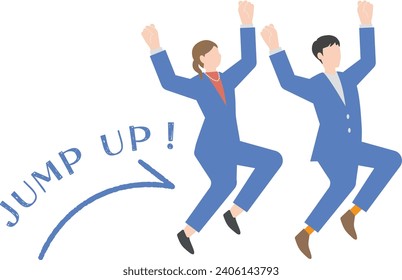 An illustration set of pictogram-style business people with images of start, dash, step up, level up, skill up, jump up, and growth. The background is transparent.