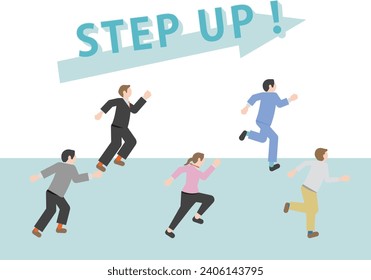 An illustration set of pictogram-style business people with images of start, dash, step up, level up, skill up, jump up, and growth. The background is transparent.