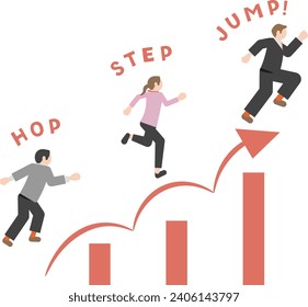 An illustration set of pictogram-style business people with images of start, dash, step up, level up, skill up, jump up, and growth. The background is transparent.