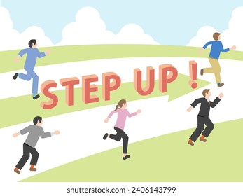 An illustration set of pictogram-style business people with images of start, dash, step up, level up, skill up, jump up, and growth. The background is transparent.