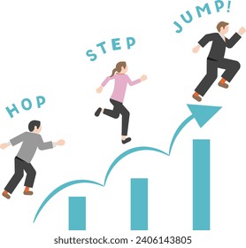 Eine Illustration von Geschäftsleuten im Piktogramm-Stil mit Bildern von Start, Dash, Step Up, Level Up, Skill Up, Sprung Up und Wachstum. Der Hintergrund ist transparent.