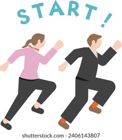 An illustration set of pictogram-style business people with images of start, dash, step up, level up, skill up, jump up, and growth. The background is transparent.