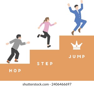 An illustration set of pictogram-style business people with images of start, start dash, step up, level up, skill up, jump up, and growth. The background is transparent.