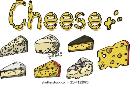 Ilustración de un conjunto de piezas de queso sobre un fondo blanco. Ropa de ternera, queso, embudo, gouda, queso con verduras y moho, queso curdo de cabra, listo para usar, eps. Para su diseño