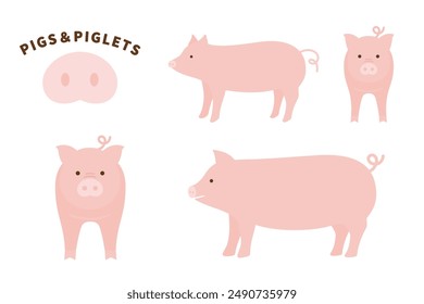 Illustrationsset von Schweinenase und niedlichem Schwein und Ferkel