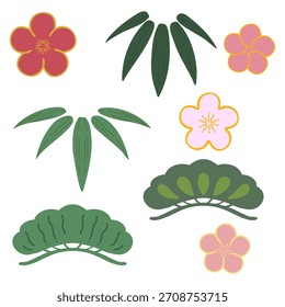 Conjunto de ilustración de pino, bambú y ciruela