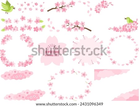 Illustration set of pink cherry blossom frames, borders and ring ornaments