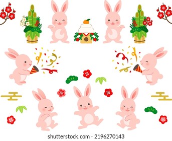 Illustration set of pink rabbits celebrating the new year in Japan